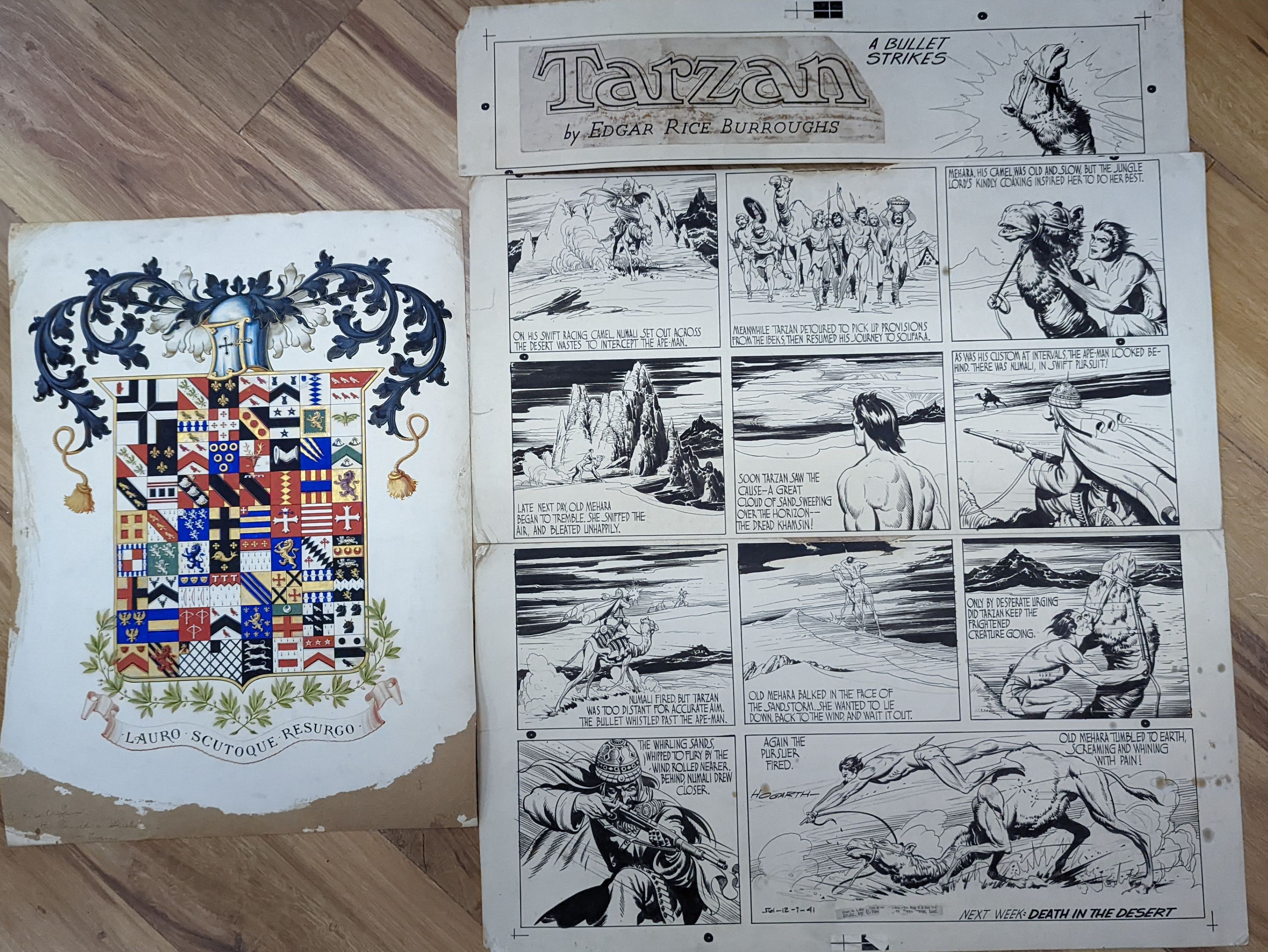 Burne Hogarth (American, 1911-1996), three original pen and ink cartoons for Tarzan comic strip, 12.7.41, by Edgar Rice Burroughs, largest 30 x 56cm and a gouache armorial, 47 x 35cm, all unframed